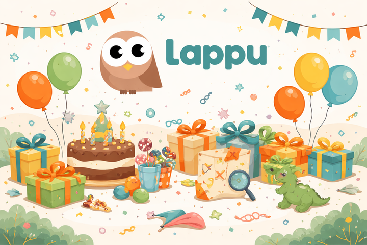 Illustration med inslagna presenter, tårta och ballonger runt Lappus uggla