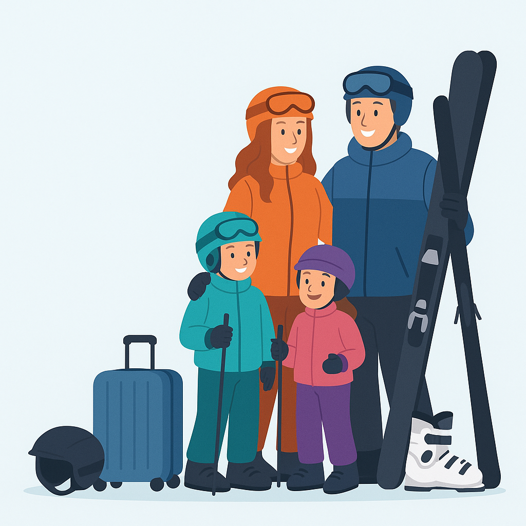 Tecknad familj i vinterkläder, mössor och vantar, med skidor och en resväska bredvid