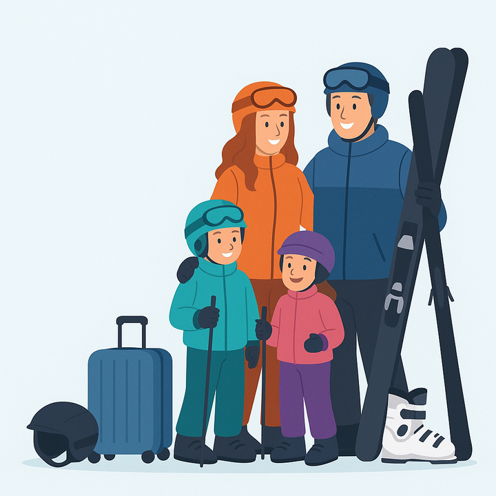 Tecknad familj i vinterkläder, mössor och vantar, med skidor och en resväska bredvid
