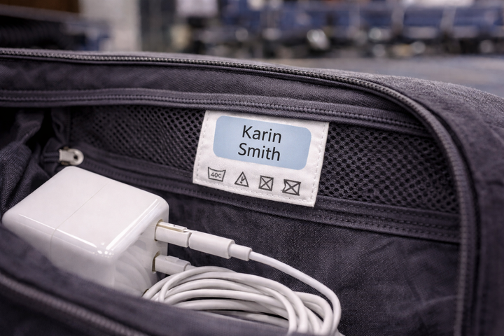 Namnlapp med namnet Karin Smith på en lapp inne i en väska, bredvid en laddare och sladd